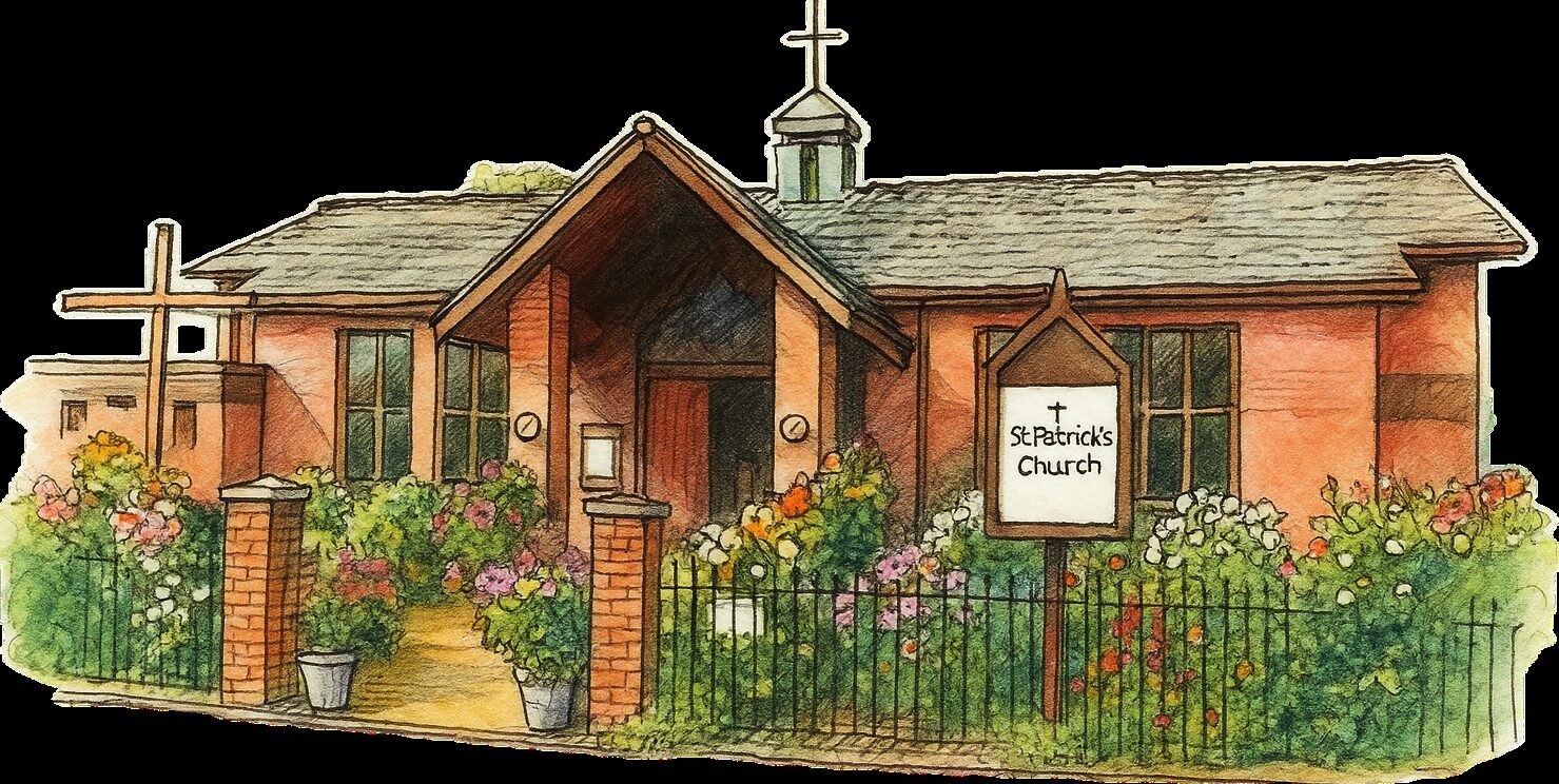 Watercolour illustration of St Patrick's Church, Duston — a small brick church with a wooden cross and flower beds at the gate.