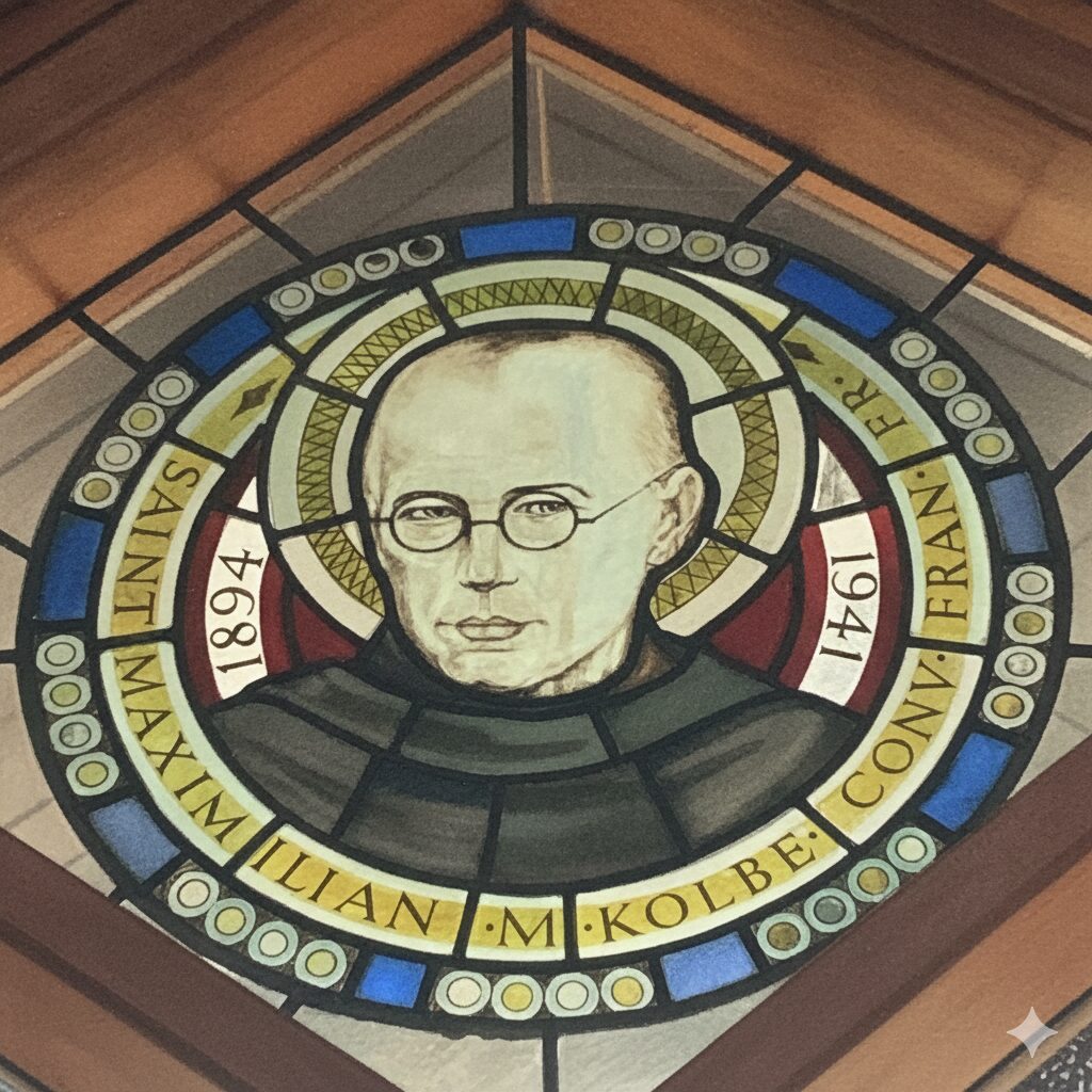 Stained-glass roundel of St Maximilian Kolbe (1894–1941), Conventual Franciscan, in St Patrick's Church.