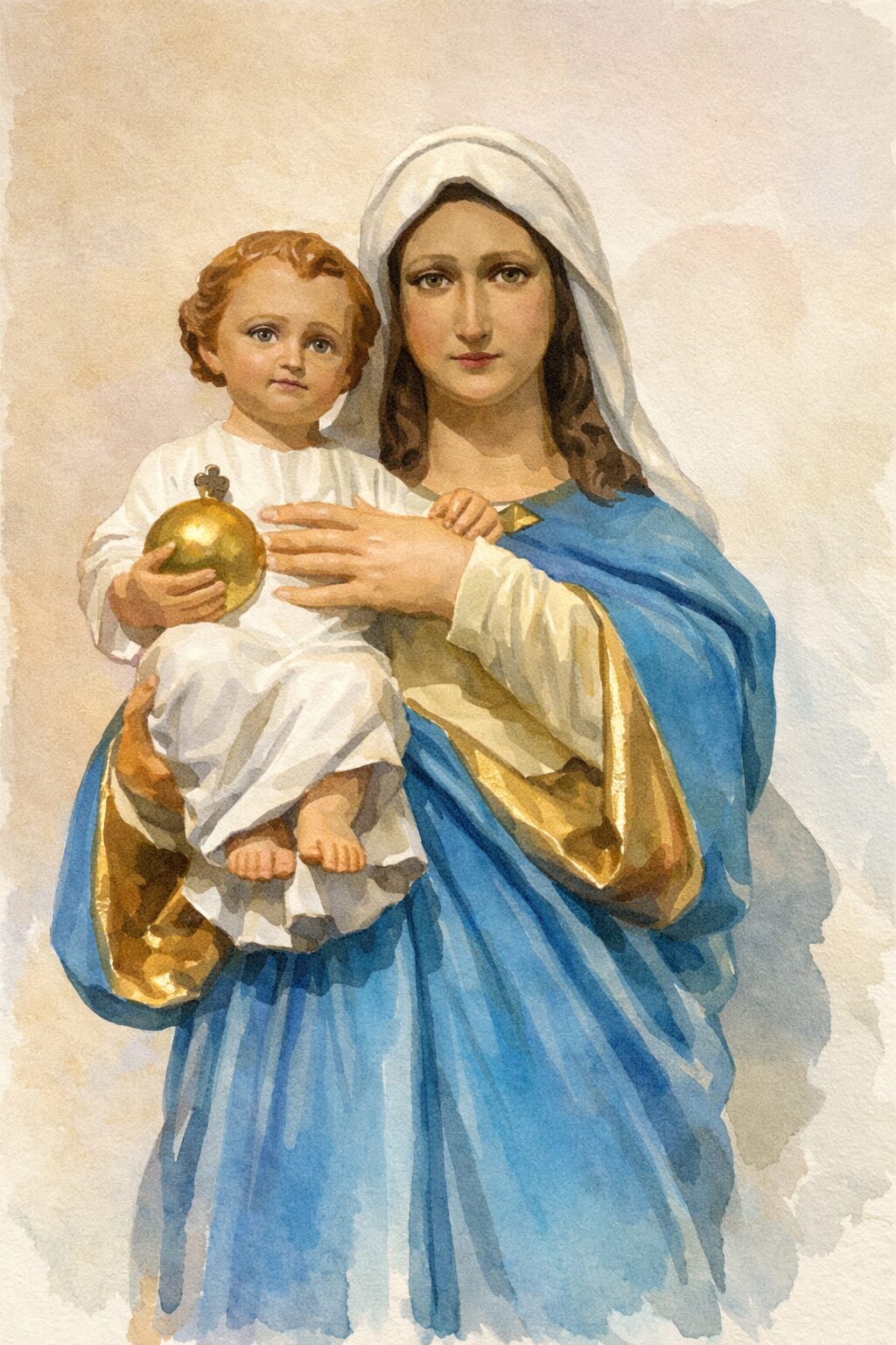 Watercolour of Our Lady holding the Christ Child, who is holding a golden orb.