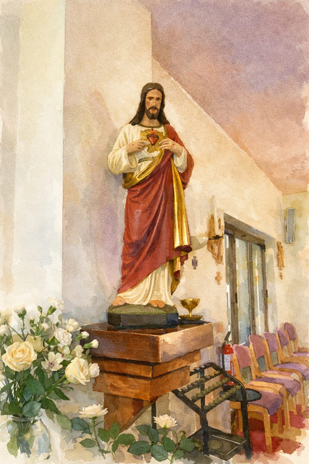 Watercolour of the Sacred Heart of Jesus statue inside St Patrick's Church.