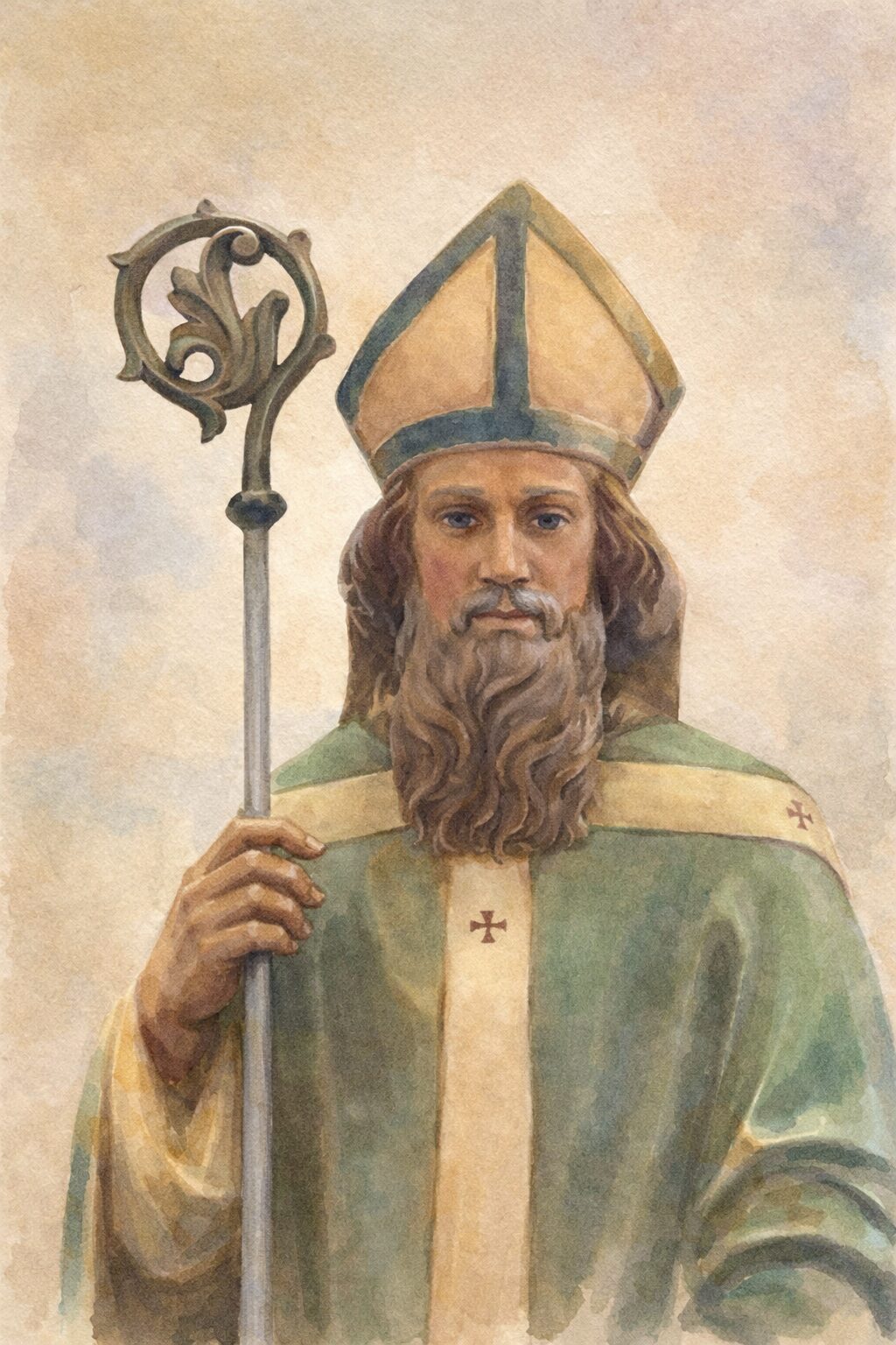 Watercolour portrait of Saint Patrick in green vestments, holding a crozier — patron of the parish.